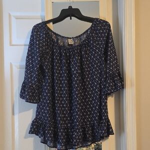 Terra & Sky Navy Patterned Blouse with Ruffle Hem